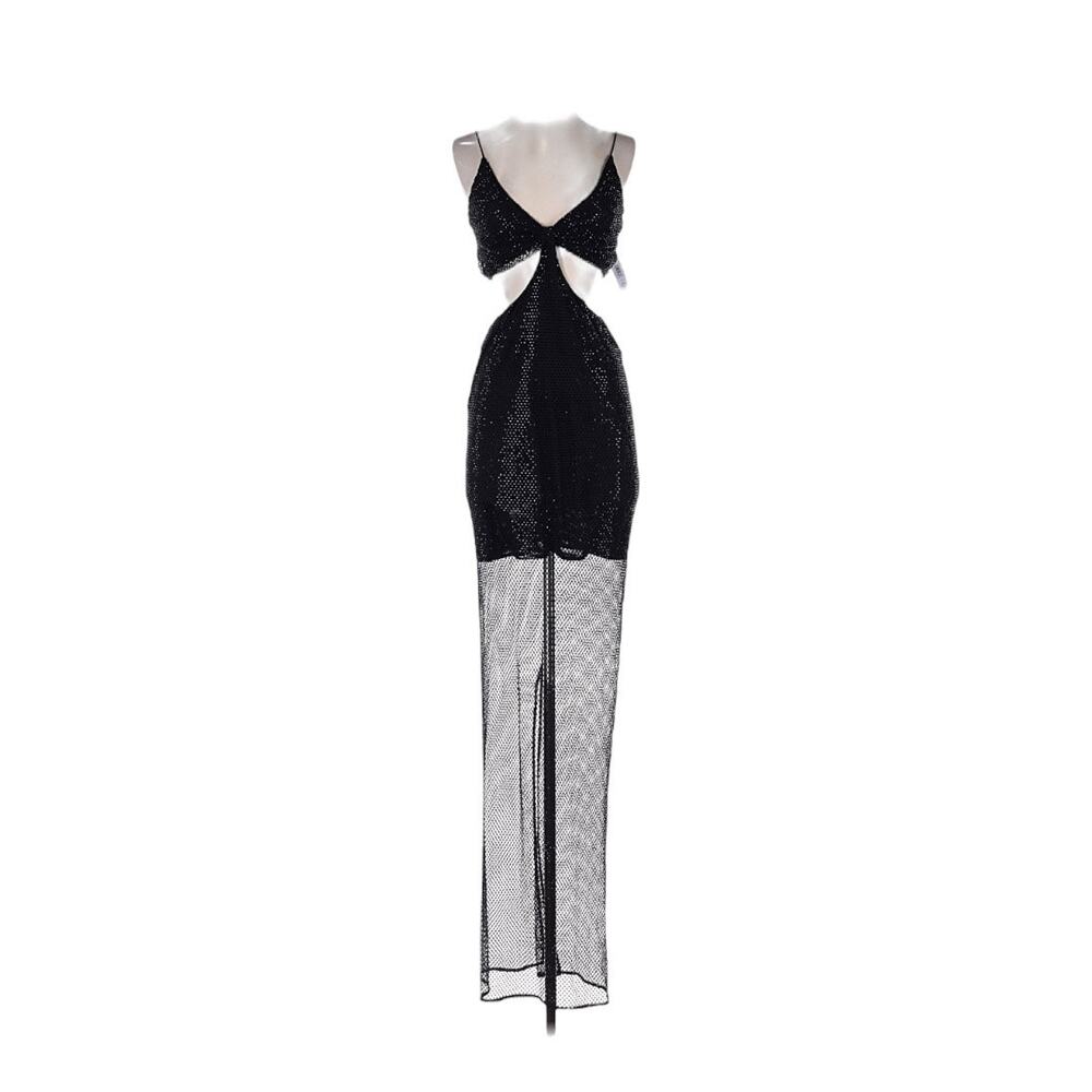 NWT Alice & Olivia Long Black Beaded Dress - Size 8 - Sheer Overlay & Cutouts